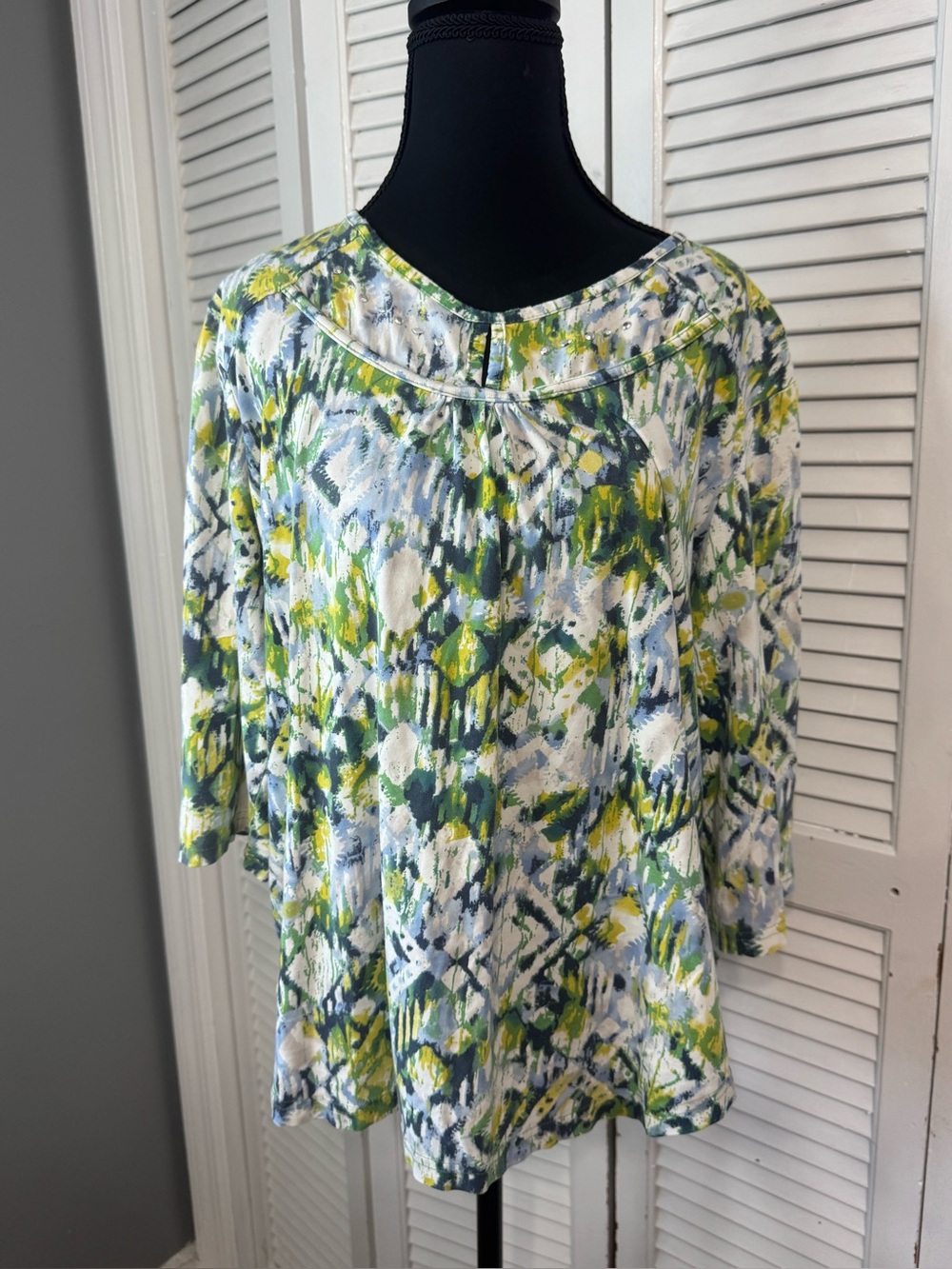 Boho Abstract Watercolor Artsy Coastal Grandmother Green Blue 3/4 Sleeve Blouse